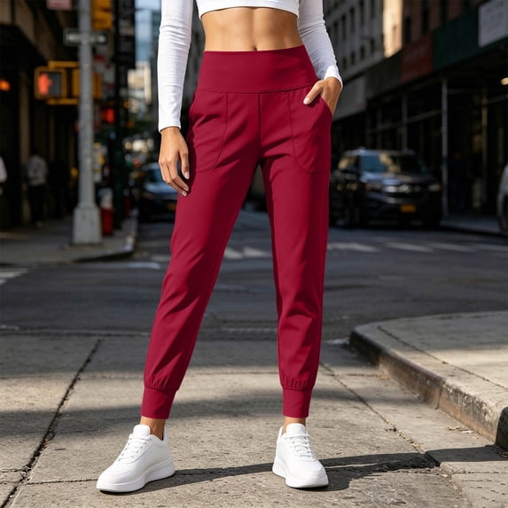 VBVC Women's High Waisted Yoga Joggers , Slim Stretchy Lounge Pants For Women , Ladies' Fall Winter Running Bottoms with Pockets, *Red , Large