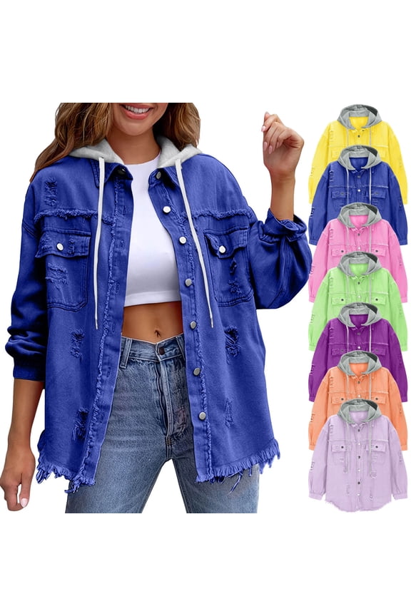 Women's Hooded Distressed Denim Jacket , Oversized Button Down Shacket For Women , Ladies' Y2K Washed Coat with Pockets,Multicolor,S-2XL