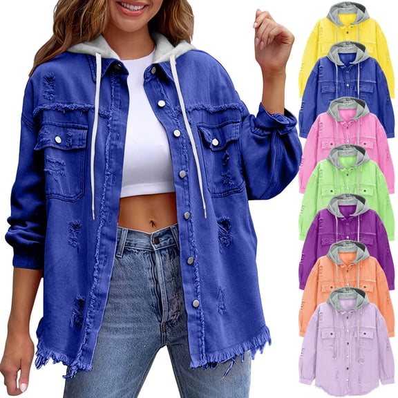 VBVC Women's Hooded Distressed Denim Jacket , Oversized Button Down Shacket For Women , Ladies' Y2K Washed Coat with Pockets,Purple,S-2XL