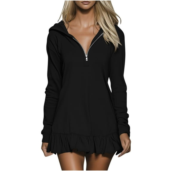 VBVC Women's Hooded Half-Zip Dress,Ladies Ruffled Mini Dress,Spring and Fall Daily Lounge Outfit For Women,Black,Size S