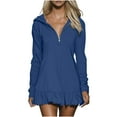 thumbnail image 1 of VBVC Women's Hooded Half-Zip Dress,Ladies Ruffled Mini Dress,Spring and Fall Daily Lounge Outfit For Women,Blue,Size XXL, 1 of 9