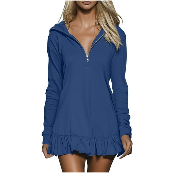 VBVC Women's Hooded Half-Zip Dress,Ladies Ruffled Mini Dress,Spring and Fall Daily Lounge Outfit For Women,Blue,Size XXL