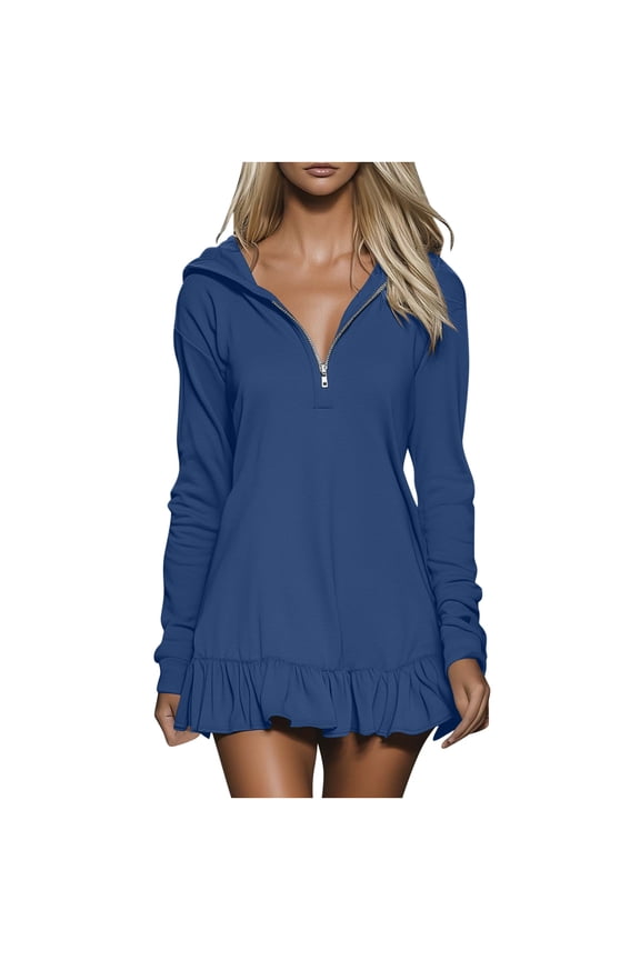 Women's Hooded Half-Zip Dress,Ladies Ruffled Mini Dress,Spring and Fall Daily Lounge Outfit For Women,Blue,Size XXL