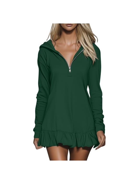 Women's Hooded Half-Zip Dress,Ladies Ruffled Mini Dress,Spring and Fall Daily Lounge Outfit For Women,Green,Size M