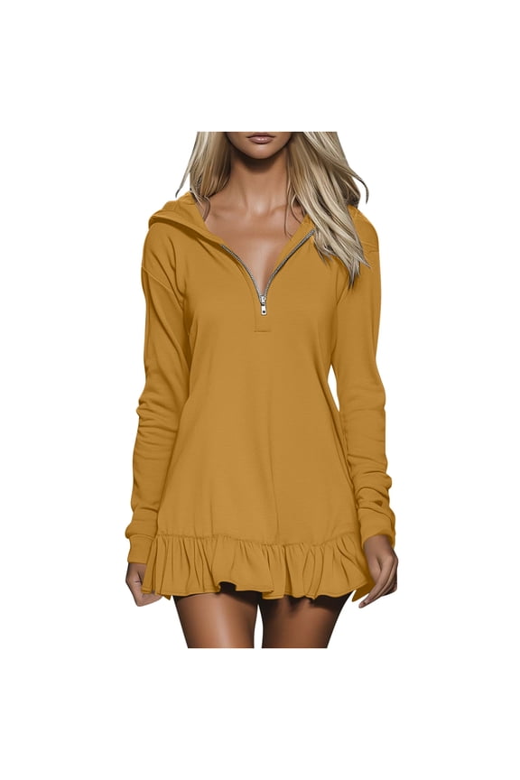 Women's Hooded Half-Zip Dress,Ladies Ruffled Mini Dress,Spring and Fall Daily Lounge Outfit For Women,Yellow,Size L