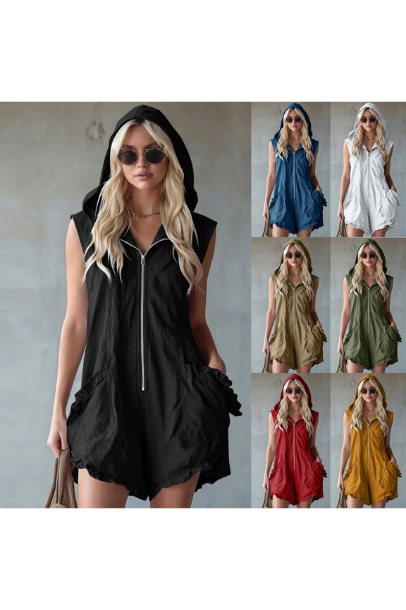 Women's Hooded Sleeveless Zip Up Romper , Summer Vacation Short Jumpsuit For Women , Ladies' Loose Fit Ruffle Hem Romper with Pockets,Red,S-3XL