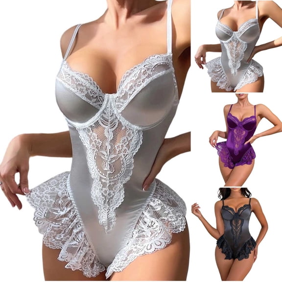 VBVC Women's Lace Satin Ruffled Teddy Lingerie,Ladies' Spaghetti Strap Sheer Mesh Bodysuit,Underwire V-Neck Babydoll Lingerie For Women,Black,S-XL