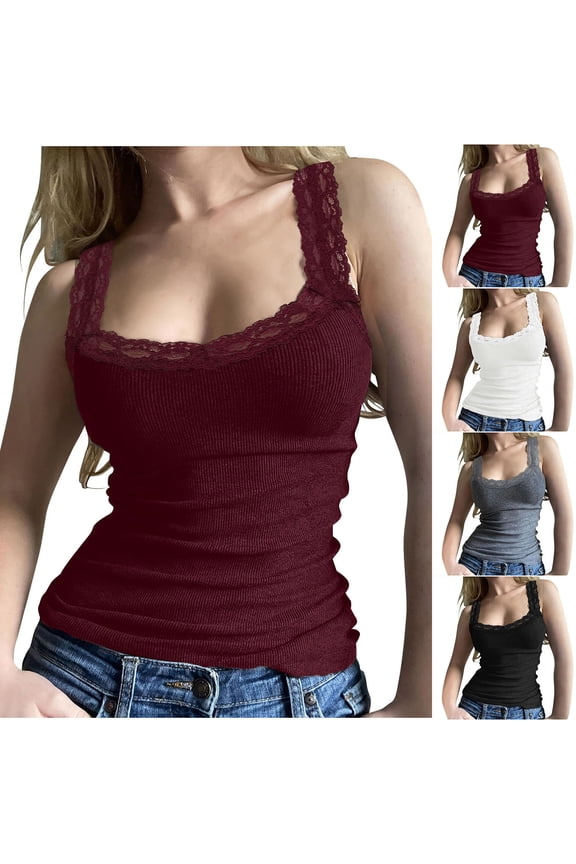 Women's Lace Trim Ribbed Camisole , Ladies' Sleeveless Square Neck Tank Top , Form Fitting Cami Tops For Women,Black,S-2XL