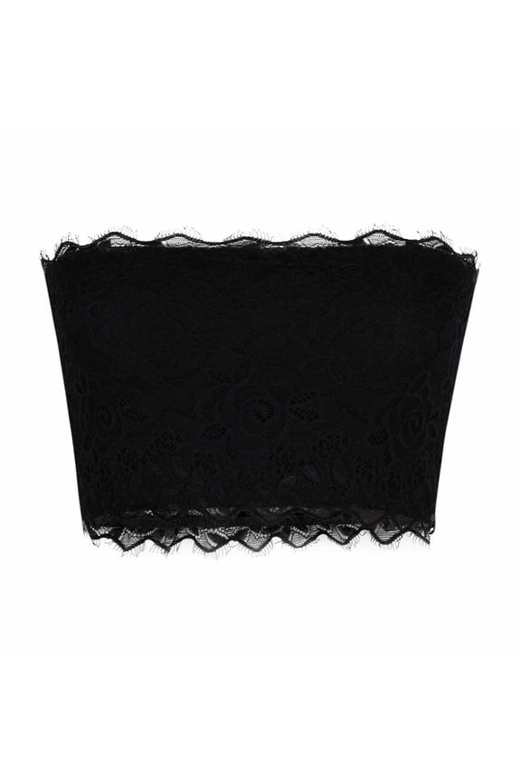 Women's Lace Trimmed Bandeau Bra,Ladies Seamless Strapless Tube Top,Stretchy Chest Wrap Lingerie For Women,Black,Size L