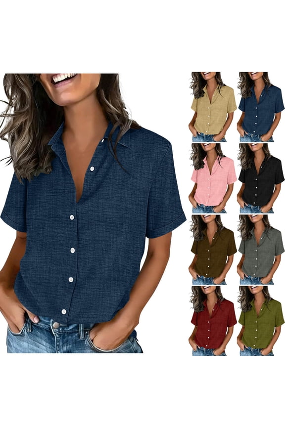 Women's Lapel Button Down Shirts,Ladies Short Sleeve Blouses,Summer Business Work Tops for Women,Black,S-2XL