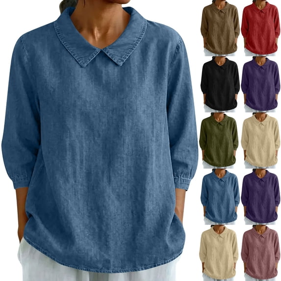 VBVC Women's Lapel Denim-Look Tops,Ladies 3/4 Sleeve Shirt,Summer Business Blouse For Women,Red,S-2XL