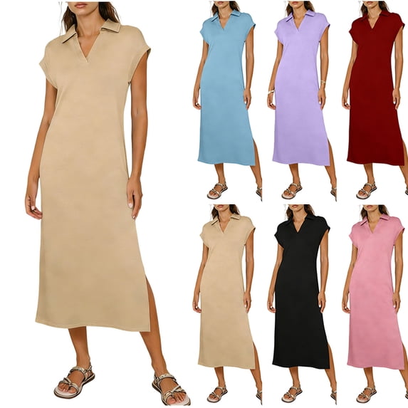 VBVC Women's Lapel Midi Dress,Ladies Cap Sleeve V-Neck Dress, Summer Side Slit Sundress For Women,Wine,S-2XL