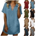 thumbnail image 1 of VBVC Women's Lapel V-Neck Shirt Dress,Short Sleeve Beach Cover Up For Women,Ladies Cotton-Linen Tunic Dress with Pockets,Dark Gray,S-2XL, 1 of 9