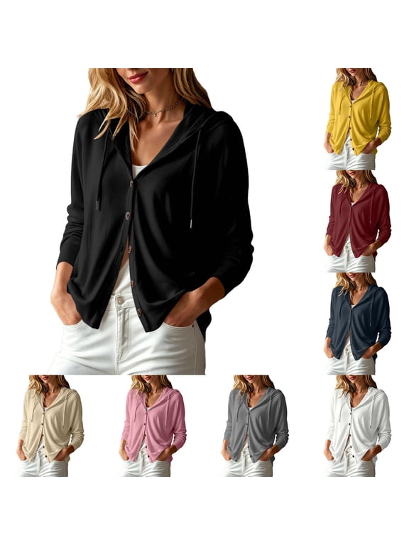 Women's Lightweight Hooded Button Cardigan , Casual Long Sleeve Drawstring Tops For Women , Ladies' Slim Fit Open Front Jackets,Wine,S-2XL