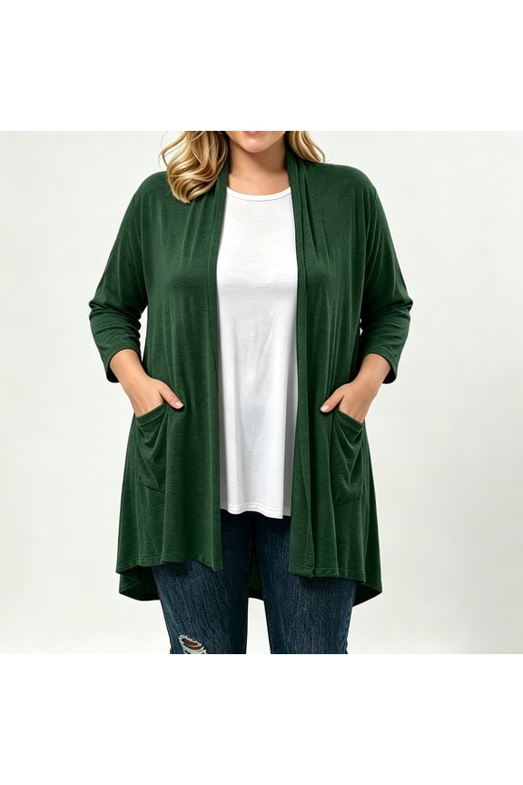 Women's Lightweight Open Front Cardigan, Long Sleeve Soft Stretchy Coat For Women, Ladies' Loose Fit Drape Duster With Pockets, Green , S-2XL