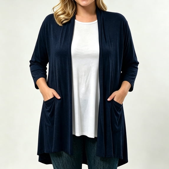 VBVC Women's Lightweight Open Front Cardigan, Long Sleeve Soft Stretchy Coat For Women, Ladies' Loose Fit Drape Duster With Pockets, Navy , S-2XL