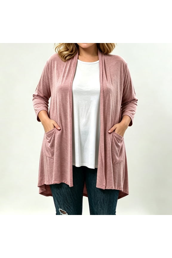 Women's Lightweight Open Front Cardigan, Long Sleeve Soft Stretchy Coat For Women, Ladies' Loose Fit Drape Duster With Pockets, Pink , S-2XL