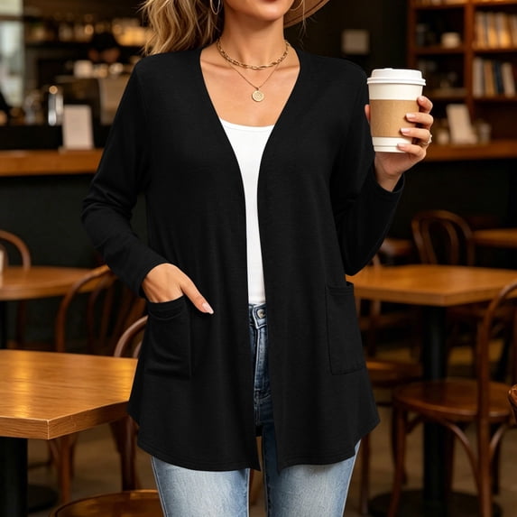 VBVC Women's Lightweight Open Front Cardigan , Stretchy Long Sleeve Top For Women , Ladies' Classic Drape Duster with Pockets, Black , S-3XL