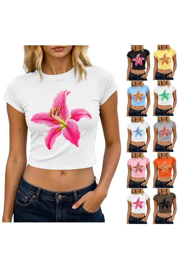 Women's Lily Flower Print Crop Top,Ladies Short Sleeve Crew Neck Slim Fit Tee,Casual Summer Y2K T-Shirt for Women,Black,S-2XL