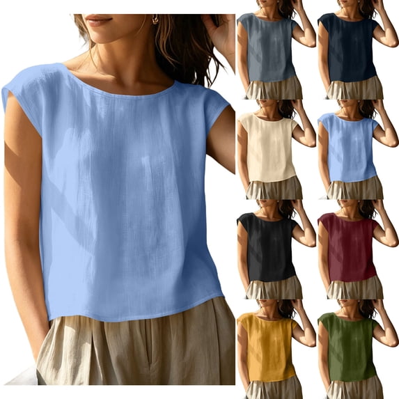 VBVC Women's Linen Blend Cap Sleeve Top , Ladies' Crew Neck Button Back Blouse , Loose Fit Summer Shirt For Women,Wine,S-2XL