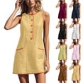 thumbnail image 1 of VBVC Women's Linen Blend Sleeveless Shift Dress , Color Block Mini Dress For Women , Ladies' Crew Neck Button Front Dress with Pockets,Navy,S-2XL, 1 of 8