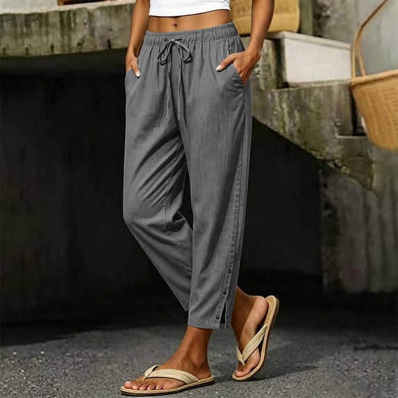 VBVC Women's Linen Drawstring Cropped Pants , Summer Tapered Trousers For Women , Ladies' Side Button Hem Lounge Bottoms with Pockets, Dark Gray , S-2XL