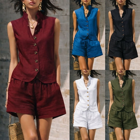 VBVC Women's Linen Sleeveless Vest 2 Piece Short Sets , Summer Vacation Matching Outfits For Women , Ladies' Stand Collar Button Suit Sets with Pockets,Army Green,S-2XL