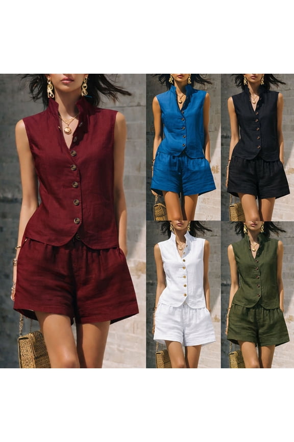 Women's Linen Sleeveless Vest 2 Piece Short Sets , Summer Vacation Matching Outfits For Women , Ladies' Stand Collar Button Suit Sets with Pockets,White,S-2XL