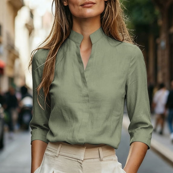 VBVC Women's Linen Stand Collar V Neck Blouse, Ladies' Long Sleeve Work Shirt, Elegant Office Top For Women, Green , S-2XL