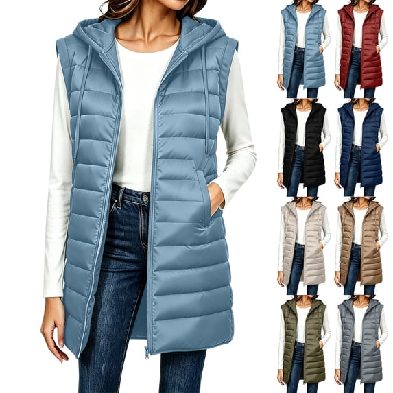 VBVC Women's Long Puffer Vest with Pockets , Quilted Hooded Sleeveless Jacket For Women, S-3XL