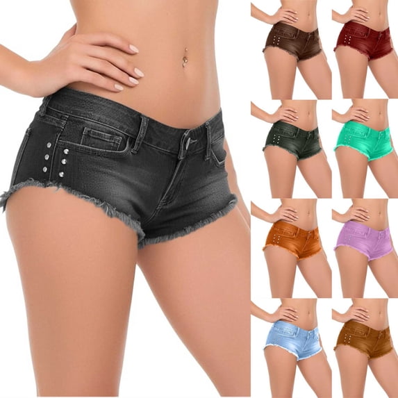 VBVC Women's Low Waisted Cheeky Denim Shorts , Casual Summer Jean Hot Shorts For Women , Ladies' Frayed Hem Rivet Shorts with Pockets,Blue,S-L