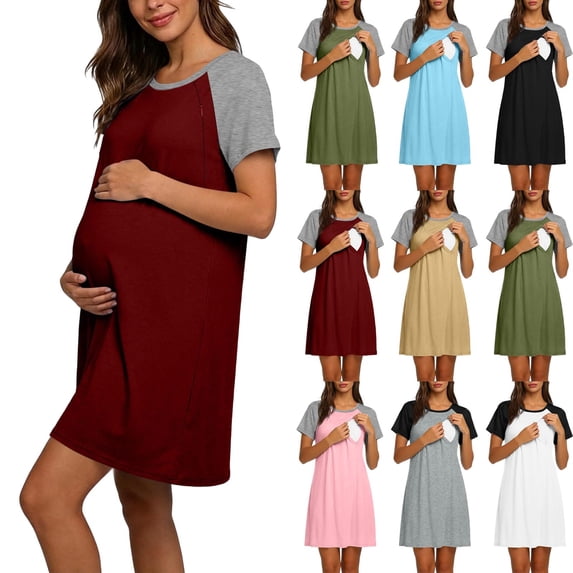 VBVC Women's Maternity Nursing Short Sleeve Nightgown , Ladies' Raglan Colorblock Breastfeeding Sleep Dress , Soft Stretchy Casual Labor Gown For Women,White,S-2XL