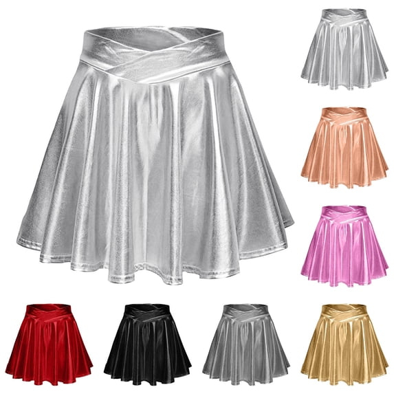 VBVC Women's Metallic Shiny Mini Skater Skirt,Ladies High Waisted Flared A-Line Skirt,Stretchy Y2K Party Club Skirt For Women,Dark Gray,S-2XL