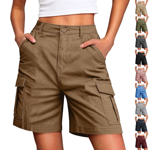 VBVC Women's Mid Rise Cargo Shorts,Button Closure Breathable Bottoms For Women,Ladies Durable Summer Shorts with Side Pockets,Khaki,S-2XL