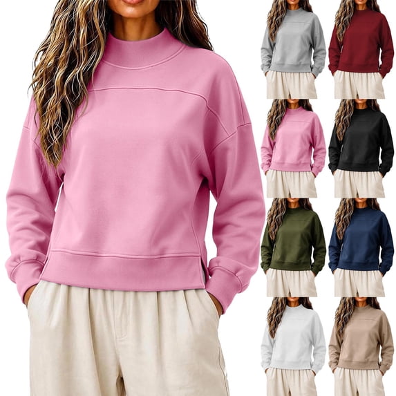 VBVC Women's Mock Neck Cropped Sweatshirt , Ladies' Side Slit Long Sleeve Pullover , Casual Fall Winter Tops For Women, S-3XL