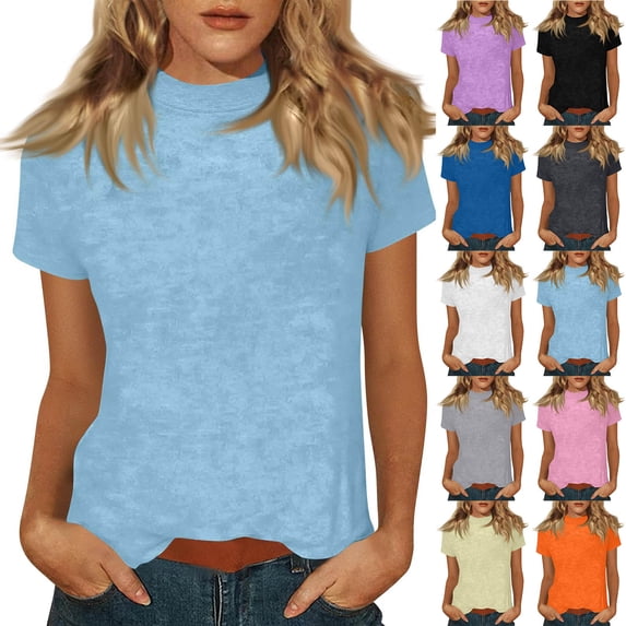 VBVC Women's Mock Neck Short Sleeve T-Shirt,Ladies Casual Slim Fit Basic Tee,Stretchy Soft Summer Top for Women,Black,S-2XL