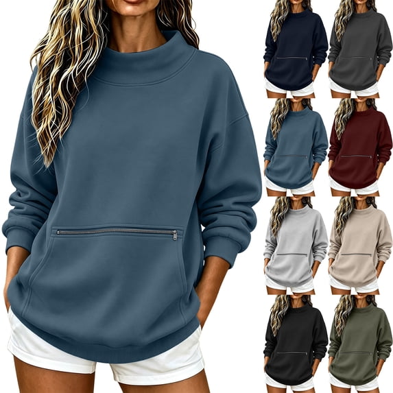 VBVC Women's Mock Neck Stretchy Sweatshirt , Fall Winter Pullover For Women , Ladies' Long Sleeve Hoodie with Zip Pocket , S-2XL