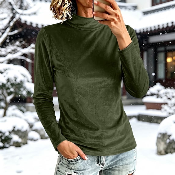 VBVC Women's Mock Neck Velvet Long Sleeve Pullover , Ladies' Slim Fit Stretch Top , Fall Winter Casual Layering Shirts For Women, S-2XL