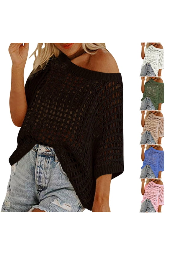 Women’s Off Shoulder Crochet Knit Top,Ladies Short Sleeve Hollow Out Blouse,Casual Summer Beach Cover Up Sweater For Women,Beige,S-2XL