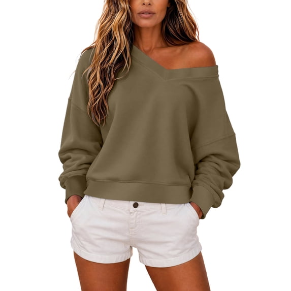 VBVC Women's Off Shoulder Long Sleeve Sweatshirt , Ladies' Loose Fit V Neck Pullover , Fall Winter Athletic Tops For Women, S-2XL