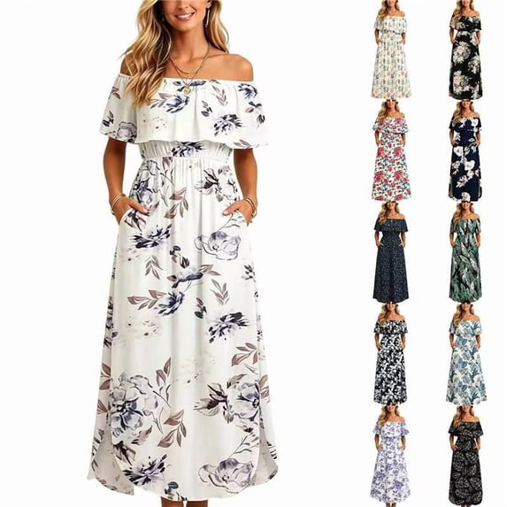VBVC Women's Off The Shoulder Floral Maxi Dress , Summer Side Slit Dresses For Women , Ladies' Ruffle Boho Long Dress with Pockets,Red,S-2XL