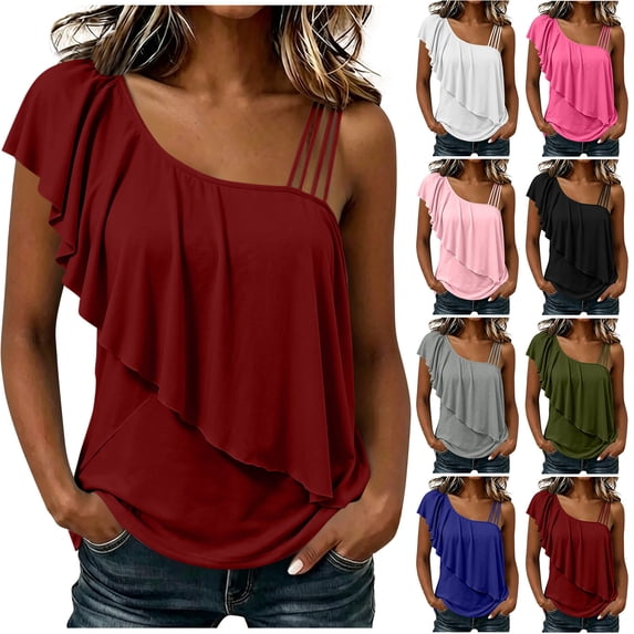 VBVC Women's One Shoulder Ruffle Tank Top , Ladies' Strappy Shoulder Loose Flowy Blouse , Summer Date Vacation Going Out Tops For Women,Blue,S-2XL