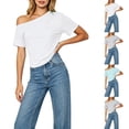 thumbnail image 1 of VBVC Women's One Shoulder Short Sleeve T Shirt , Ladies' Casual Asymmetrical Neck Basic Tee , Summer Relaxed Fit Daily Tops For Women, S-XL, 1 of 8