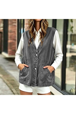 Women's Oversized Button Down Denim Vest , Casual Sleeveless V-Neck Jean Jacket For Women , Ladies' Relaxed Fall Outerwear with Pockets, Gray , S-2XL