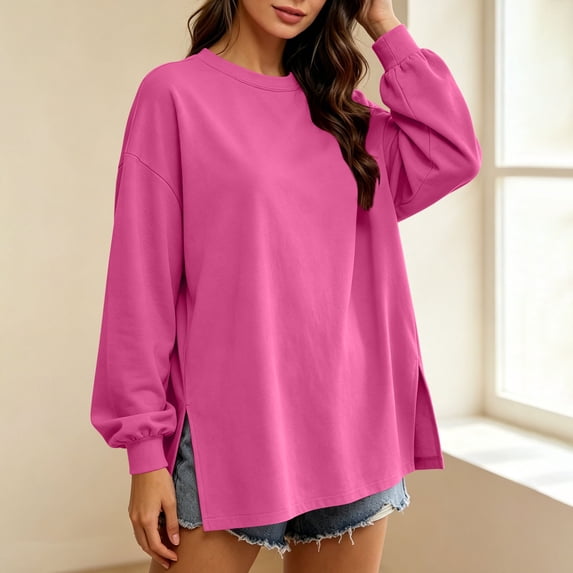 VBVC Women's Oversized Crew Neck Sweatshirt , Ladies' Long Sleeve Side Split Tunic Pullover , Casual Fall Loose Fit Tops For Women, Hot Pink , S-2XL