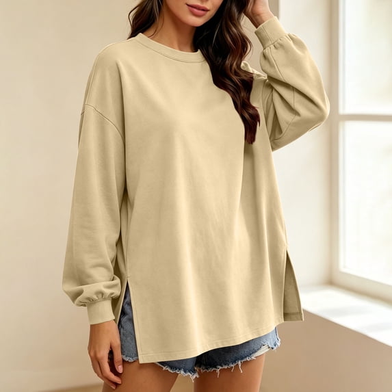 VBVC Women's Oversized Crew Neck Sweatshirt , Ladies' Long Sleeve Side Split Tunic Pullover , Casual Fall Loose Fit Tops For Women, Khaki , S-2XL