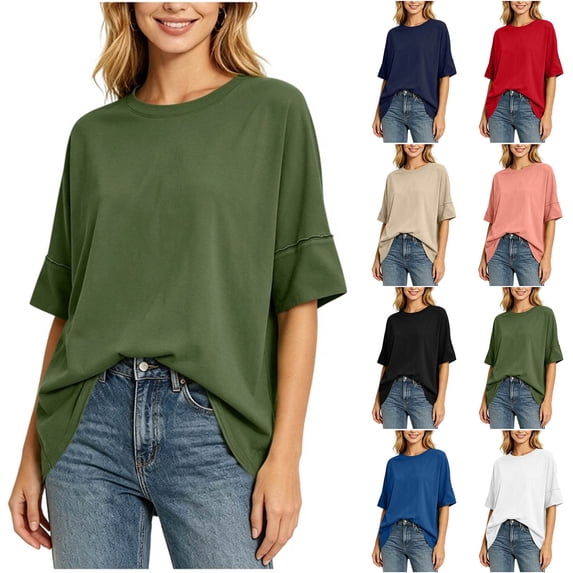 VBVC Women's Oversized Crew Neck T Shirt , Ladies' Elbow Sleeve Loose Tee , Casual Soft Stretchy Top For Women,Red,S-2XL