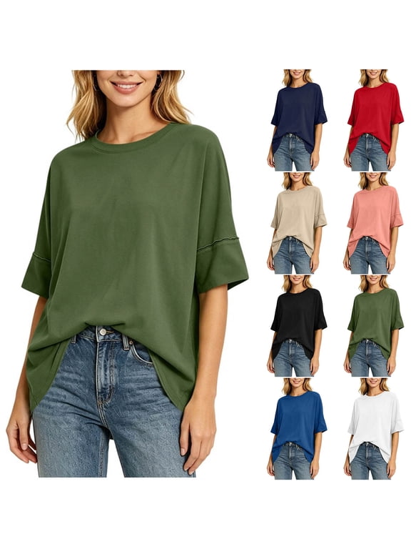 Women's Oversized Crew Neck T Shirt , Ladies' Elbow Sleeve Loose Tee , Casual Soft Stretchy Top For Women,Red,S-2XL