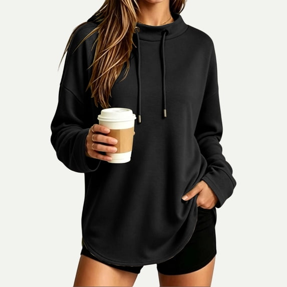 VBVC Women's Oversized Drawstring Mock Neck Sweatshirt , Ladies' Curved Hem Long Sleeve Tunic Top , Casual Athletic Pullover For Women, S-2XL
