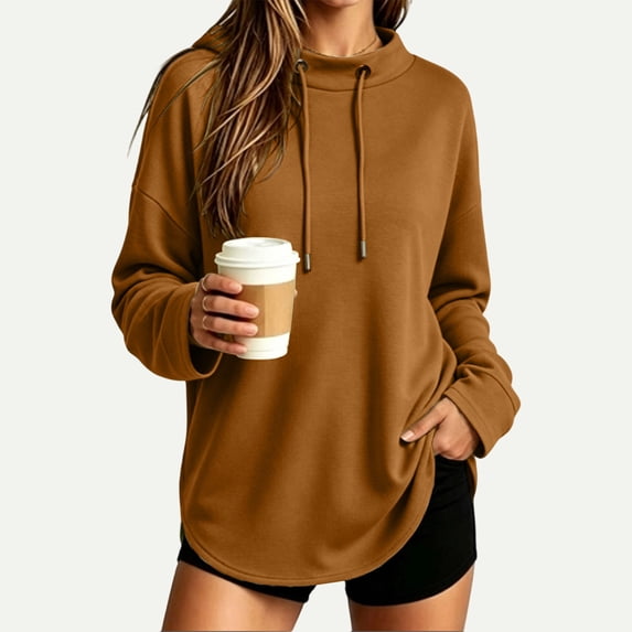 VBVC Women's Oversized Drawstring Mock Neck Sweatshirt , Ladies' Curved Hem Long Sleeve Tunic Top , Casual Athletic Pullover For Women, S-2XL